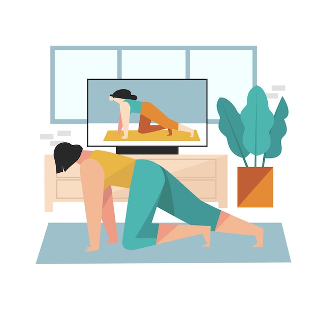 Drawn woman doing online sport classes illustrated
