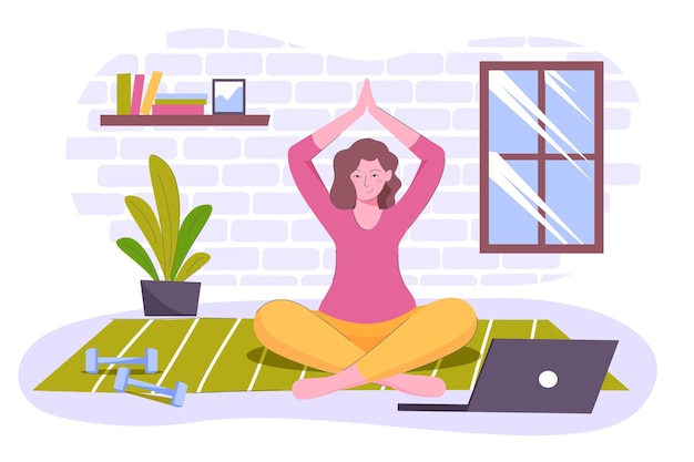 Бесплатное векторное изображение Нарисованная женщина медитирует дома