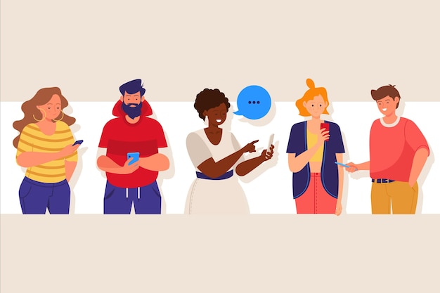 Drawn young people using smartphones