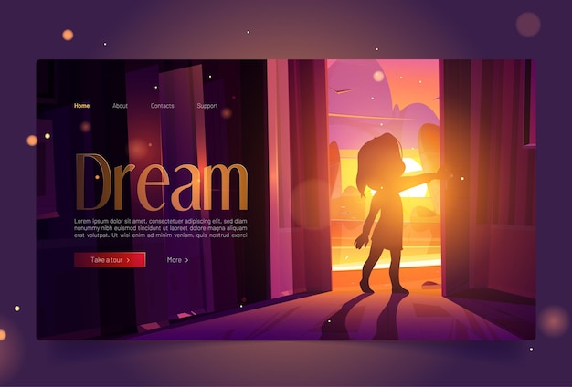 Dream banner with girl open door at sunset