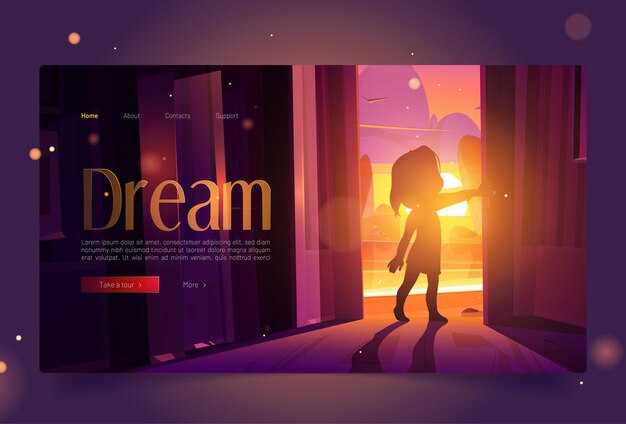 Dream banner with girl open door at sunset