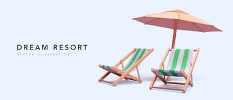 Free vector dream resort banner in realistic style with two beach chair and umbrella vector illustration