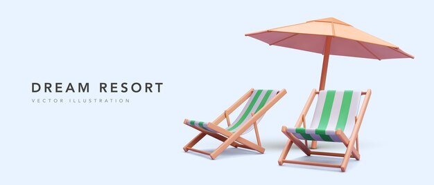 Dream resort banner in realistic style with two beach chair and umbrella Vector illustration