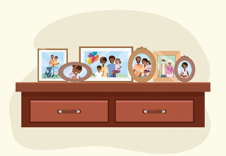 Free Vector dresser with family pictures memories decoration