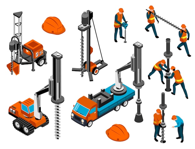 Free vector driller engineer uniform helmet equipment machinery for rock ground holes drilling mining tunneling isometric set vector illustration