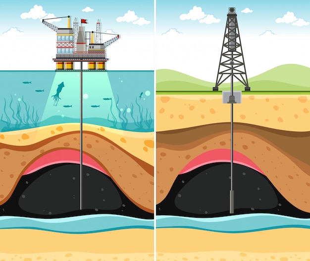 Бурение нефтяных скважин через сушу и море до подземной нефти