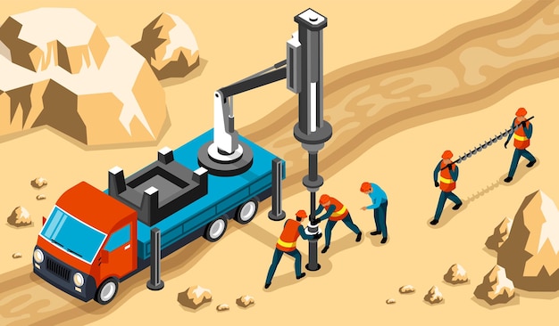 Free vector drilling workers engineers operating truck mounted rig heavy machinery to drill into rock isometric composition