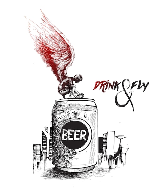 Drink and fly angel open a beer can with urban city background