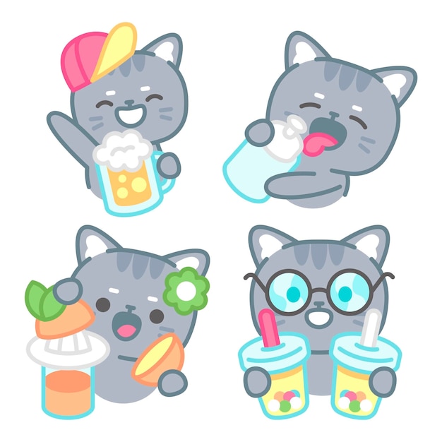 Free vector drinks stickers collection with tomomi the cat