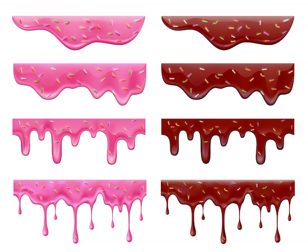 Dripping doughnut glaze realistic collection with isolated images of purple and red jam streaks on blank 