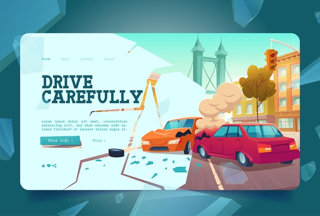 Drive carefully banner with car accident on city street vector landing page with cartoon illustratio...