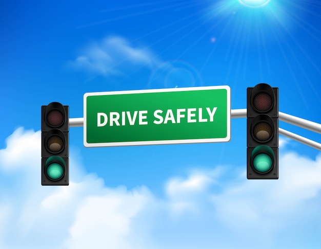 Drive safely memorial marker road sign for highway safety awareness against blue sky 