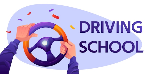 Driving school banner with driver hands on car steering wheel and confetti falling