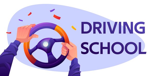 自動車シミュレータ運転免許証と安全コーンイラスト人間キャラクターの運転学校等尺性アイコンコレクション 無料のベクター