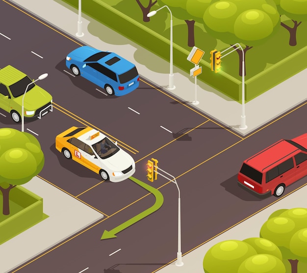 Бесплатное векторное изображение Изометрическая композиция автошколы с уличным пейзажем пересечения городской дороги с учебным автомобилем и стрелкой