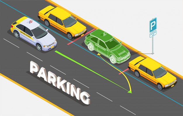 Driving school isometric composition with text and cars on parking with phantom image and colourful arrows illustration