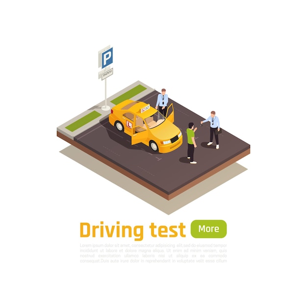 Driving school isometric composition with view of parking spot with training car human characters and text