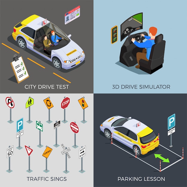 交通標識の組成を持つ自動車教習所運転シミュレータ車イラスト
