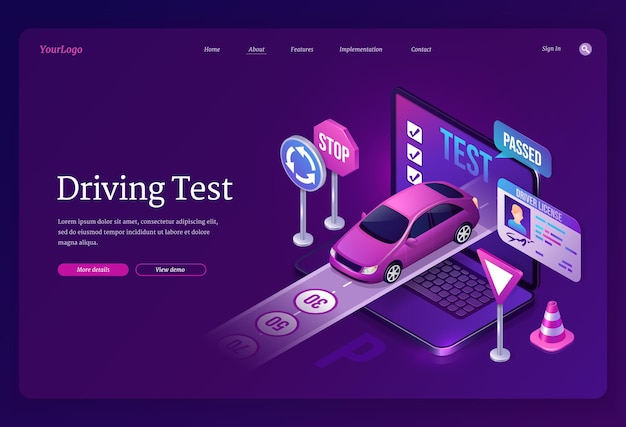 Free vector driving test banner. education in driver school, online quiz and pass exam. vector landing page with isometric illustration of laptop with test, car on road, traffic cone, signs and id card