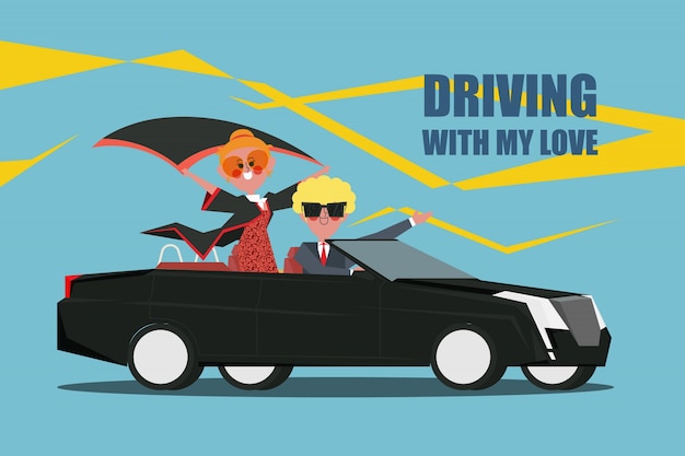 Free vector driving with my love couples drive a convertible car character design flat style