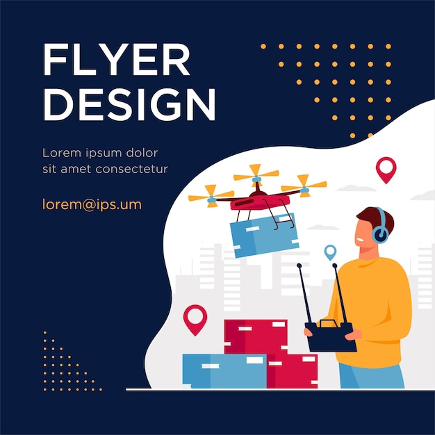 Drone delivery concept. delivery operator controlling quadcopter with postal or distributing box, sending mobile machine to city address. flyer template