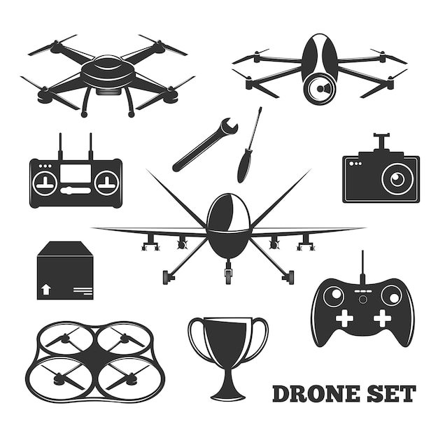 Бесплатное векторное изображение drone elements монохромный набор