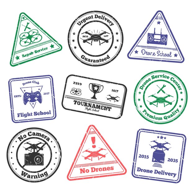Дрон гранж марки набор красочных почтовых марок с изображениями беспилотного летательного аппарата и текстовой векторной иллюстрацией