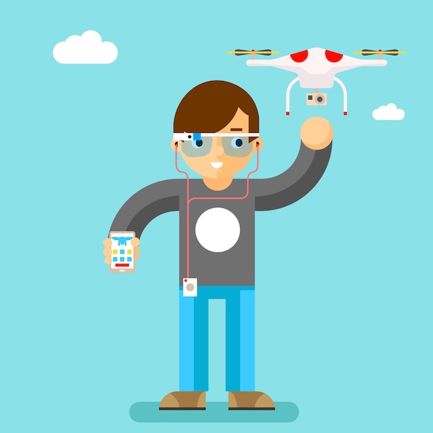 Vettore gratuito drone con controllo mobile della action cam. geek con vetro intelligente. quadricottero e velivolo a rotore, occhiali