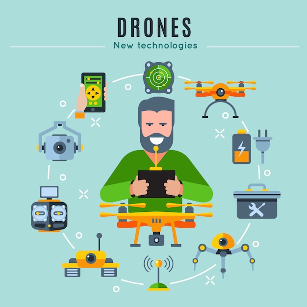Drones colored composition with playing man at the center