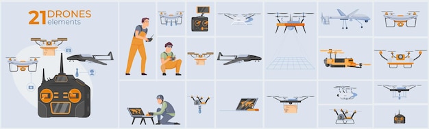 Vettore gratuito composizione di droni con veicoli aerei senza pilota e simboli di monitoraggio illustrazione vettoriale isolata piatta