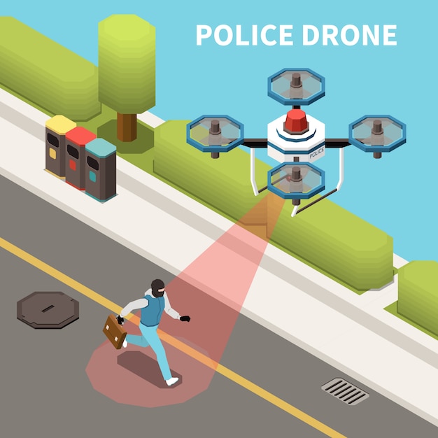 Vettore gratuito droni quadrocopters composizione isometrica con vista esterna del drone della polizia alla ricerca del personaggio criminale