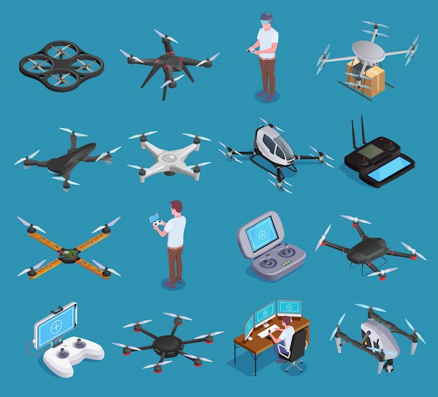 Free vector drones quadrocopters isometric set