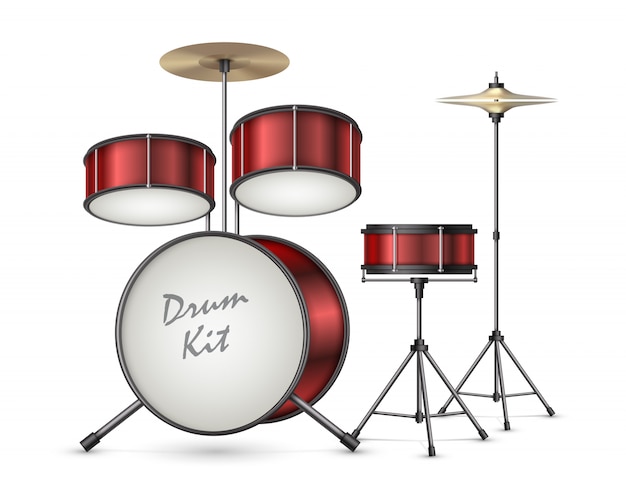 Free vector drum kit realistic vector illustration isolated on background. professional percussion musical instrument