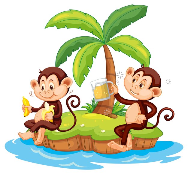 고립 된 섬에 술에 취해 원숭이 만화 캐릭터