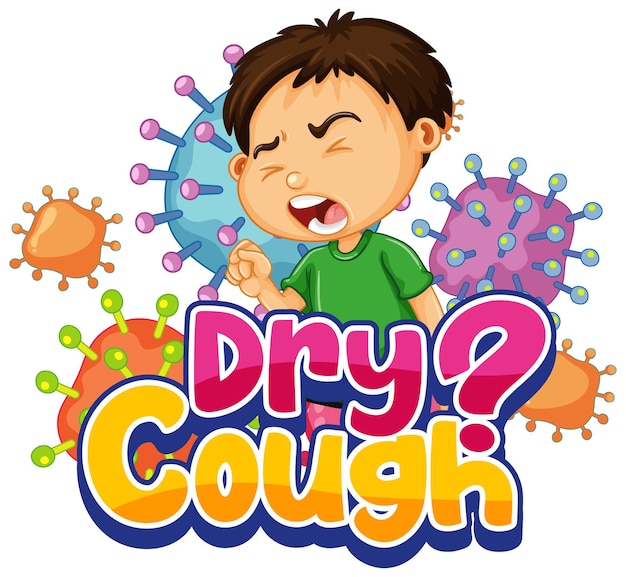 Dry Cough font in cartoon style with a boy sneezing isolated on white background