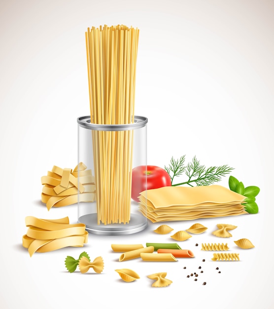 Dry pasta assortment With basil leaves tomato dill and black pepper ingredients realistic compositio
