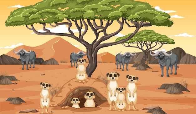 Бесплатное векторное изображение Засушливый лесной пейзаж с животными