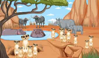 Free vector dryland forest landscape with animals