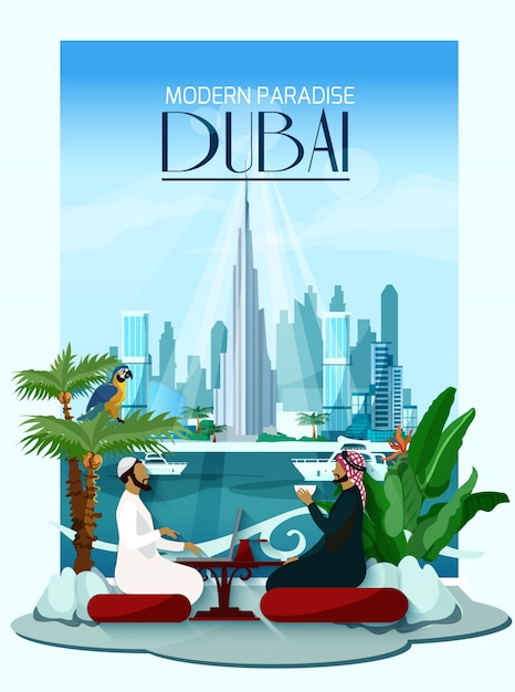 Free vector dubai city poster with burj khalifa and skyscrapers