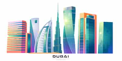 Free vector dubai, uae skyline with world famous buildings