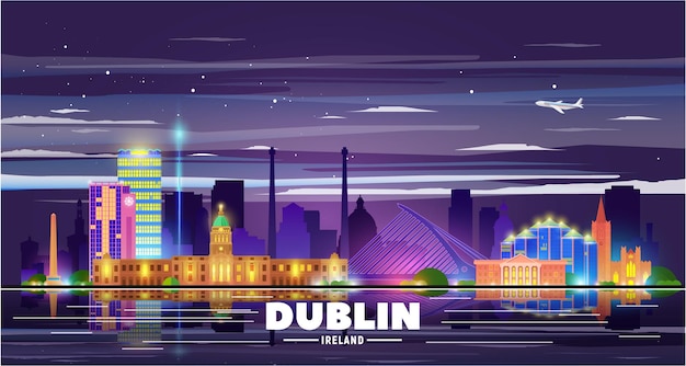 Дублин, (Ирландия) город ночной горизонт векторные иллюстрации белый фон. Концепция деловых поездок и туризма с современными зданиями. Изображение для презентации, баннера, веб-сайта.