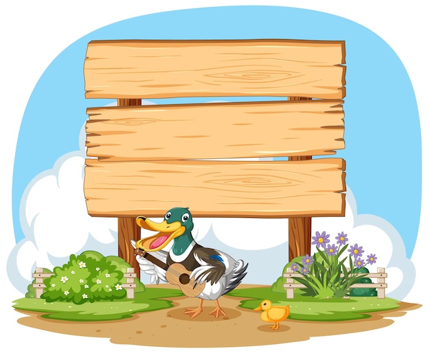 Duck and Duckling by Wooden Sign