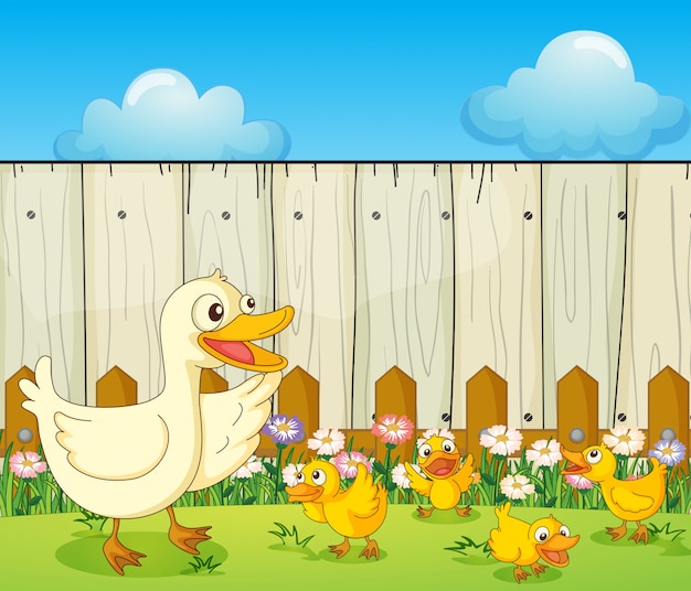 Free vector a duck and ducklings inside a fence