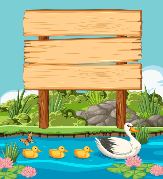 Free vector duck family by the wooden sign