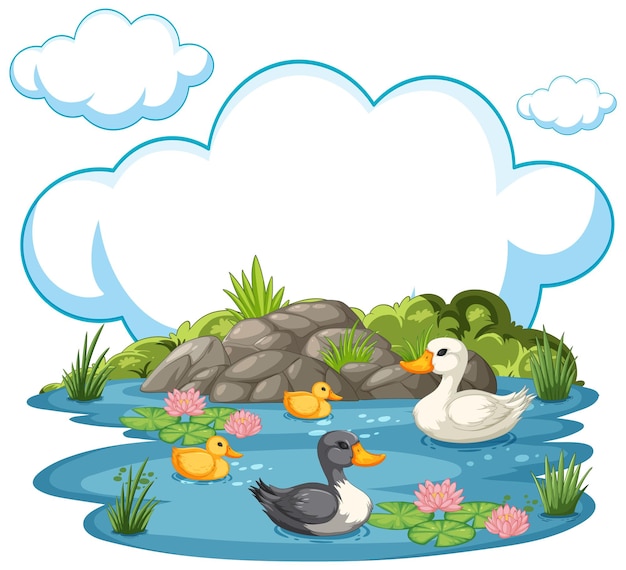 무료 벡터 오리 가족 이 연못 생활 을 즐기고 있다