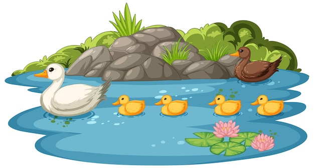 Free vector duck family enjoying the pond