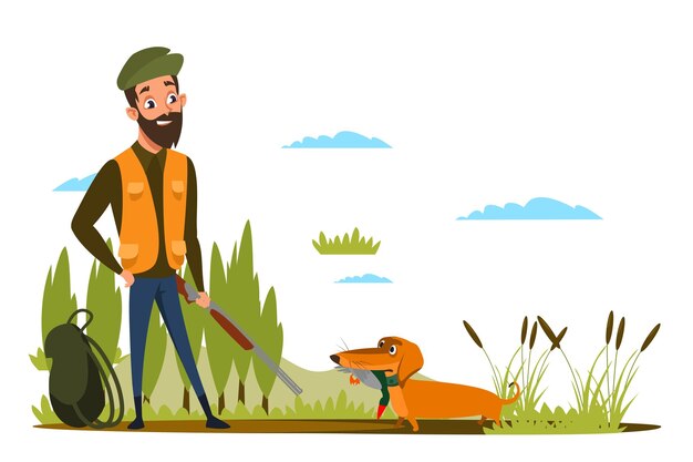 Duck hunting hobby smiling hunter holding weapon rifle dog brings prey Young man with dachshund in forest