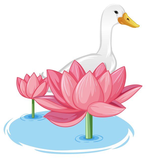 Free vector a duck behind lotus flower on white background