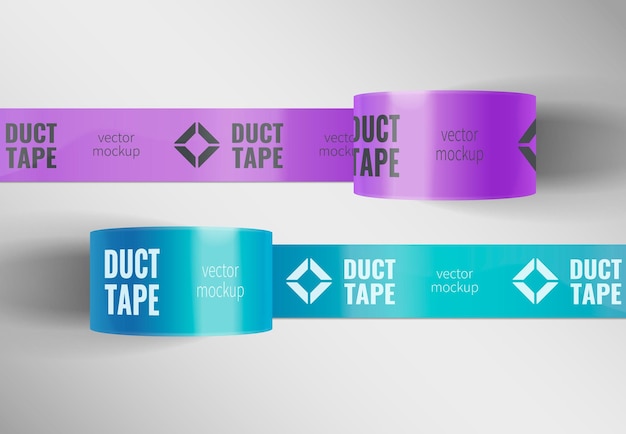 Free vector duct tape mockup realistic set with purple and lavender colored adhesive tapes with text and logo vector illustration