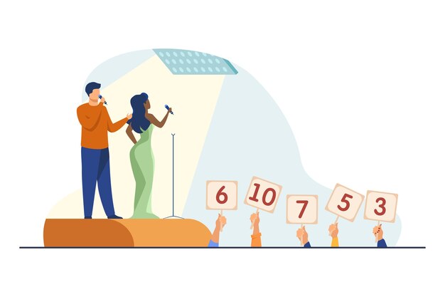 Duet singing on stage. Judges rising signs with scores flat vector illustration. Talent show, performance, singers 